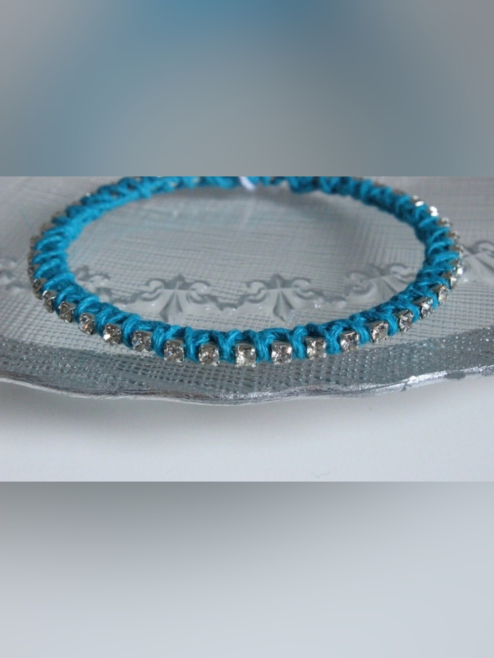 Blue Macrame Rhinestone Braided Friendship Bracelet 2.5” EUC